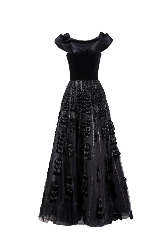  사이드 코베이시 롱 원피스 벨벳 바디수트와 비즈 장식 얇은 명주 치마