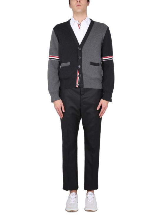  톰브라운 RWB 스트라이프 코튼 밀라노 스티치 V넥 가디건 MKC310F Y3007982 Grey - THOM BROWNE