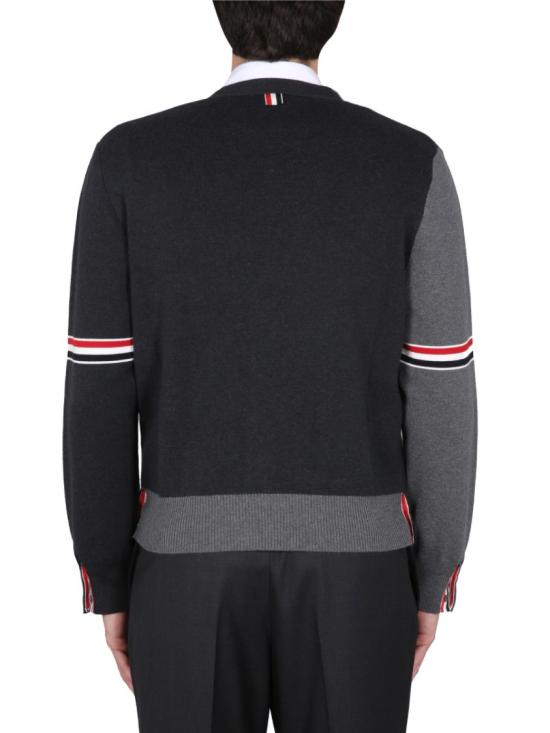  톰브라운 RWB 스트라이프 코튼 밀라노 스티치 V넥 가디건 MKC310F Y3007982 Grey - THOM BROWNE