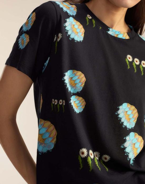  신시아 로리 반팔 티셔츠 신시아 로울리 에브리데이 코튼 티셔츠 블랙 플로럴 - CYNTHIA ROWLEY