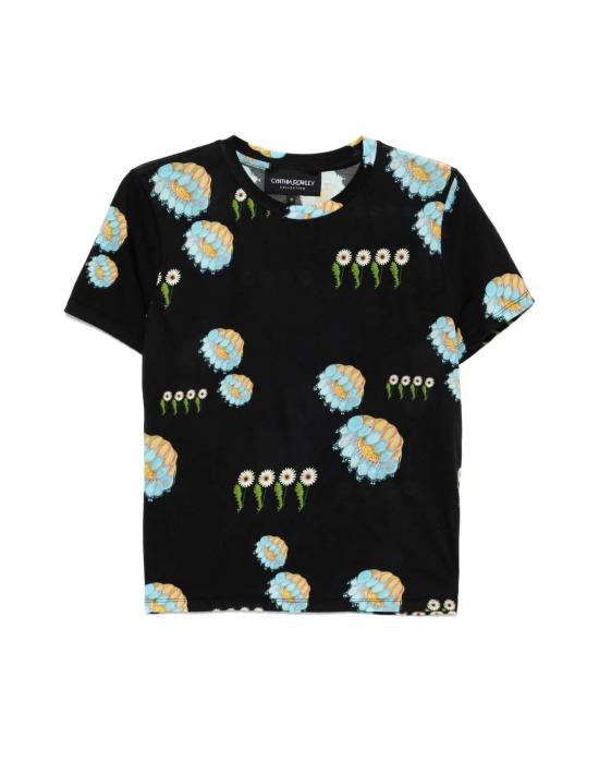  신시아 로리 반팔 티셔츠 신시아 로울리 에브리데이 코튼 티셔츠 블랙 플로럴 - CYNTHIA ROWLEY