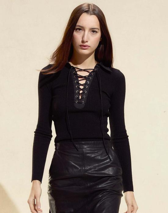  신시아 로리 반팔 티셔츠 신시아 로울리 우에스 립 니트 폴로 셔츠 블랙 - CYNTHIA ROWLEY