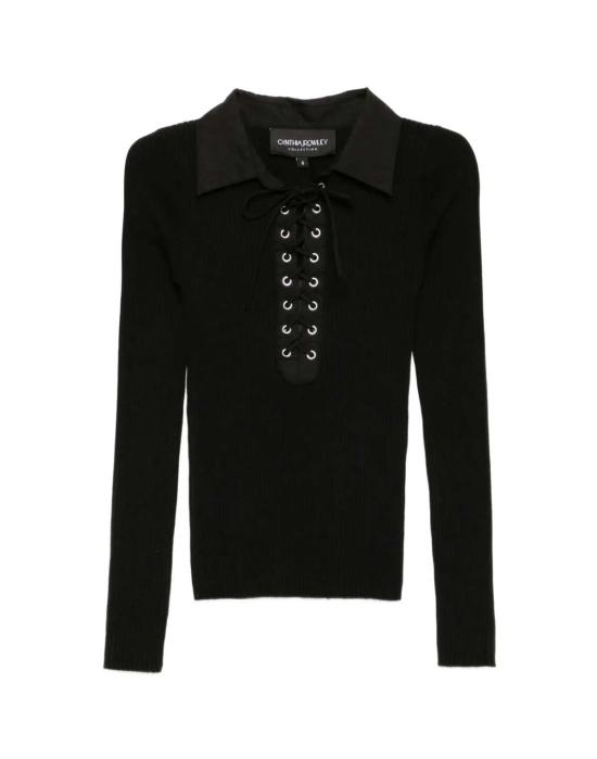  신시아 로리 반팔 티셔츠 신시아 로울리 우에스 립 니트 폴로 셔츠 블랙 - CYNTHIA ROWLEY