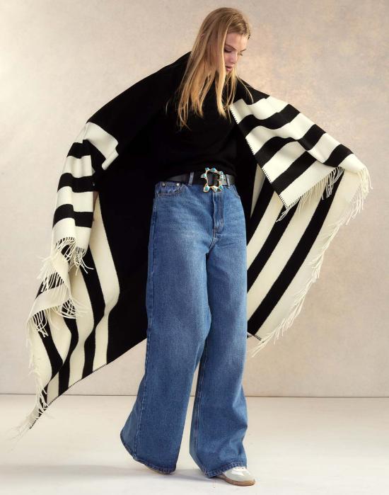  신시아 로리 머플러/스카프 신시아 로울리 울 캐시미어 블랭킷 랩 블랙/화이트 - CYNTHIA ROWLEY