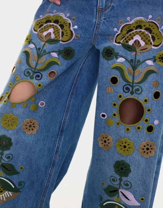  신시아 로리 데님 팬츠 신시아 로울리 자수 와이드 레그 진 블루 멀티 - CYNTHIA ROWLEY