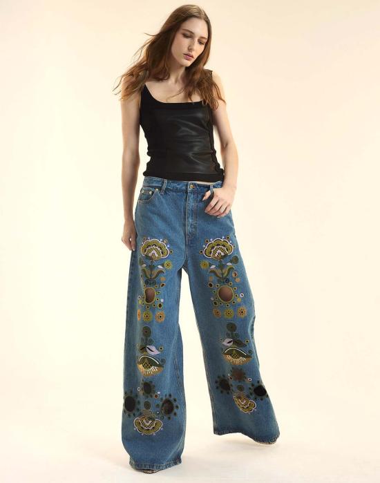  신시아 로리 데님 팬츠 신시아 로울리 자수 와이드 레그 진 블루 멀티 - CYNTHIA ROWLEY