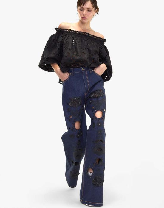  신시아 로리 데님 팬츠 신시아 로울리 자수 와이드 레그 진 다크 워시 - CYNTHIA ROWLEY