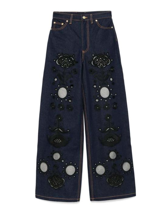  신시아 로리 데님 팬츠 신시아 로울리 자수 와이드 레그 진 다크 워시 - CYNTHIA ROWLEY