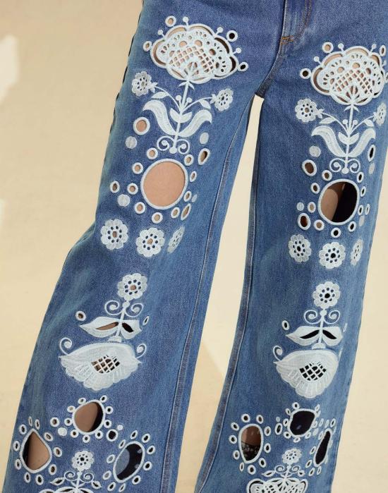  신시아 로리 데님 팬츠 신시아 로울리 자수 와이드 레그 진 다크 워시 - CYNTHIA ROWLEY