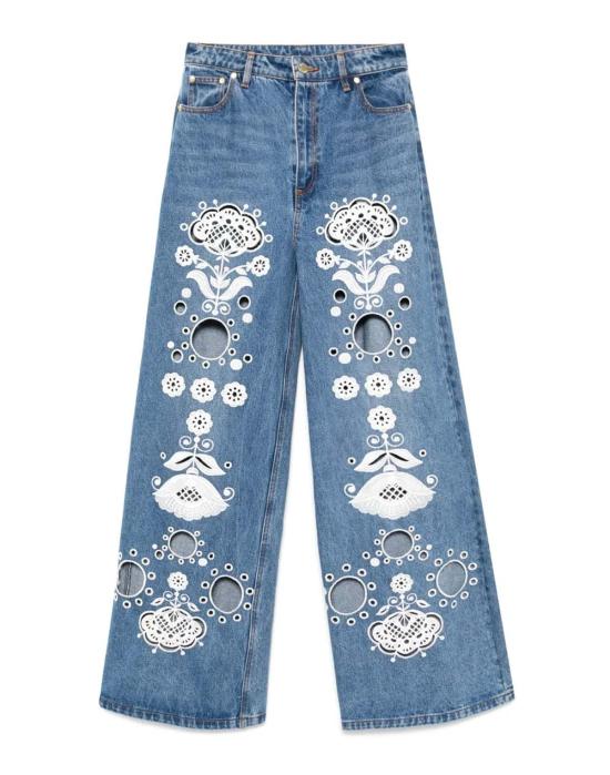  신시아 로리 데님 팬츠 신시아 로울리 자수 와이드 레그 진 다크 워시 - CYNTHIA ROWLEY