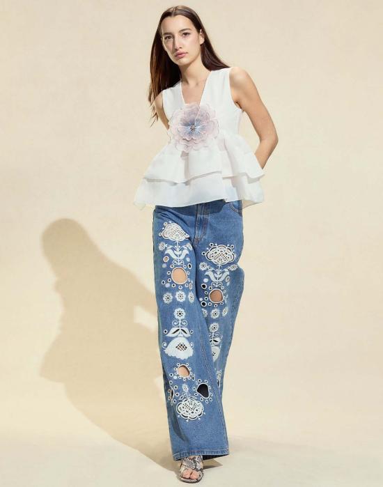  신시아 로리 데님 팬츠 신시아 로울리 자수 와이드 레그 진 다크 워시