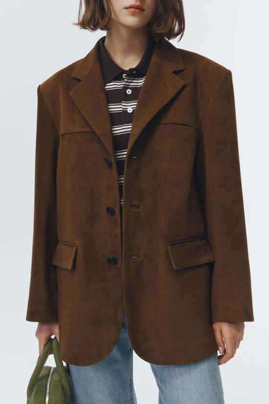  던스트 무스탕 스웨이드 테일러드 하프 재킷 카멜 - DUNST