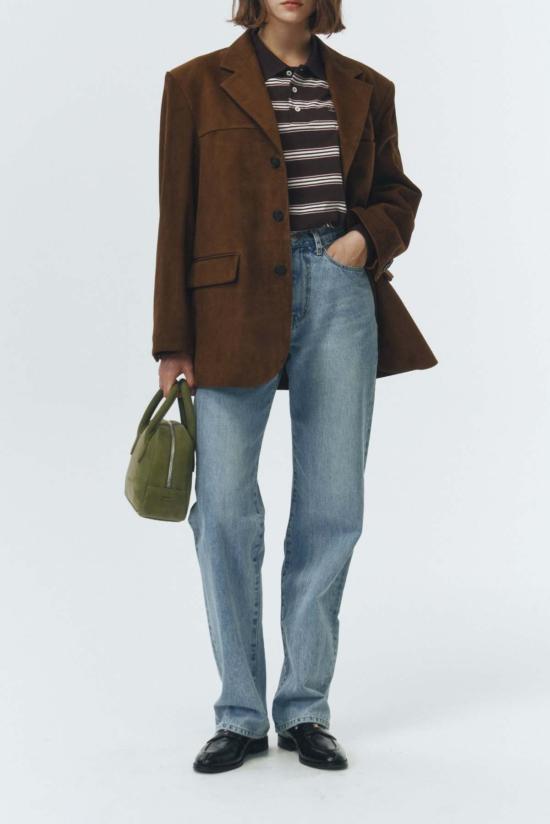  던스트 무스탕 스웨이드 테일러드 하프 재킷 카멜 - DUNST