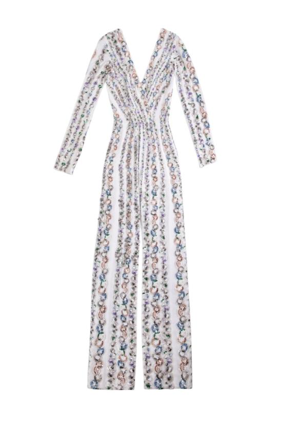  사이드 코베이시 점프수트 래핑된 탑이 있는 캔톤 크레이프 비즈