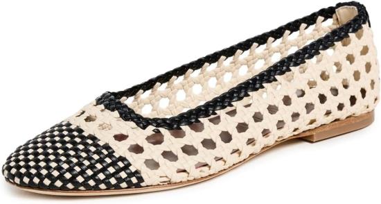  스타우드 플랫 슈즈 Staud 여성 발레리나 플랫 Nell 크로셰 크림 블랙 가죽 밑창 신발 크림/블랙