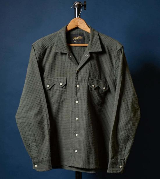  RICHTER GOODS 긴팔 셔츠 리히터 굿즈 비숍 오픈 칼라  헌터 그린 도비