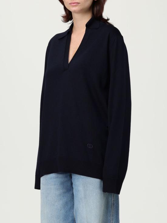 25FW 구찌 딥 브이넥 리브드 커프 울 폴로 스웨터 793883XKFA8 4215 Navy - GUCCI