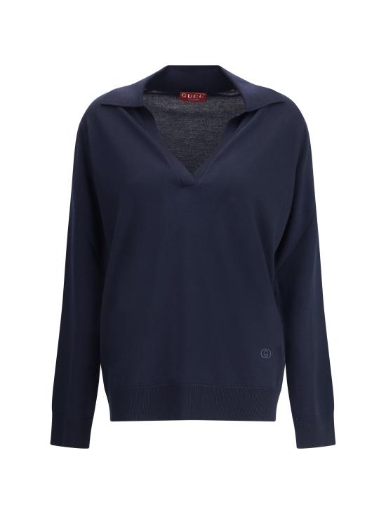 25FW 구찌 딥 브이넥 리브드 커프 울 폴로 스웨터 793883XKFA8 4215 BLUE