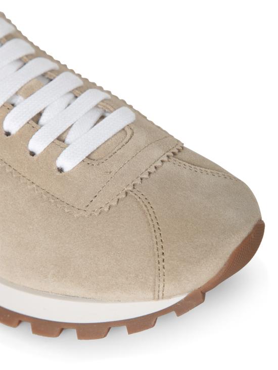 26FW 브루넬로 쿠치넬리 샤이니 탭 디테일 스웨이드 러닝 스니커즈 MZSFG2110 C4180 Beige - BRUNELLO CUCINELLI