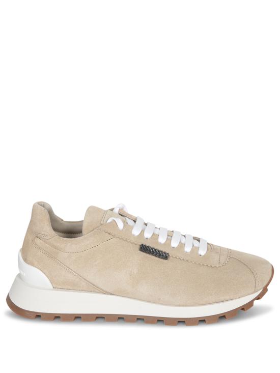 26FW 브루넬로 쿠치넬리 샤이니 탭 디테일 스웨이드 러닝 스니커즈 MZSFG2110 C4180 Beige