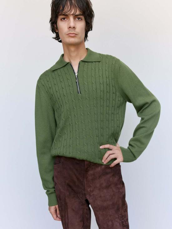  어니스트 더블유 베이커 폴로 티셔츠 어니스트 W. 베이커 그린 울 케이블 니트 지퍼 폴로 - ERNEST W. BAKER