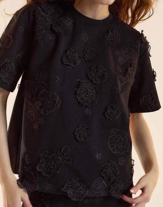  신시아 로리 블라우스 신시아 로울리 팝 플로럴 아플리케 탑 블랙 - CYNTHIA ROWLEY