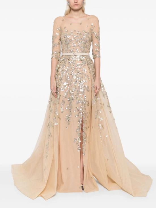  사이드 코베이시 롱 원피스 봉투 치마와 오버스커트가 달린 얇은 명주 구슬 드레스 - SAIID KOBEISY