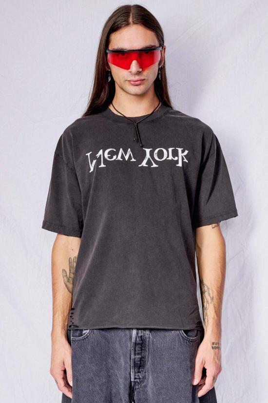  어셈블리 뉴욕 반팔 티셔츠 조립 워시드 블랙 디스트레스드 뉴욕 로고 티셔츠