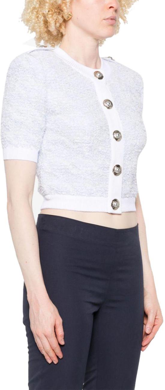 25FW 발망 숏슬리브 하운드투스 트위드 니트 가디건 FF1KL235KI72SOM BLUE - BALMAIN