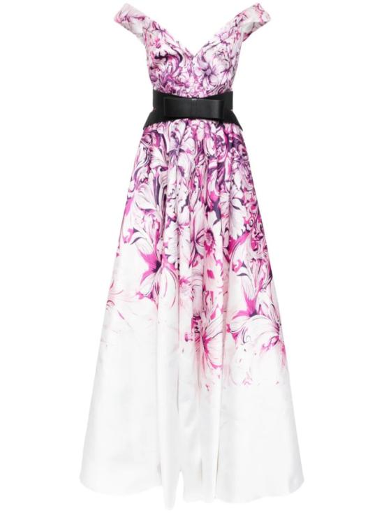  사이드 코베이시 롱 원피스 오프숄더 슬리브 미카도 프린트 드레스