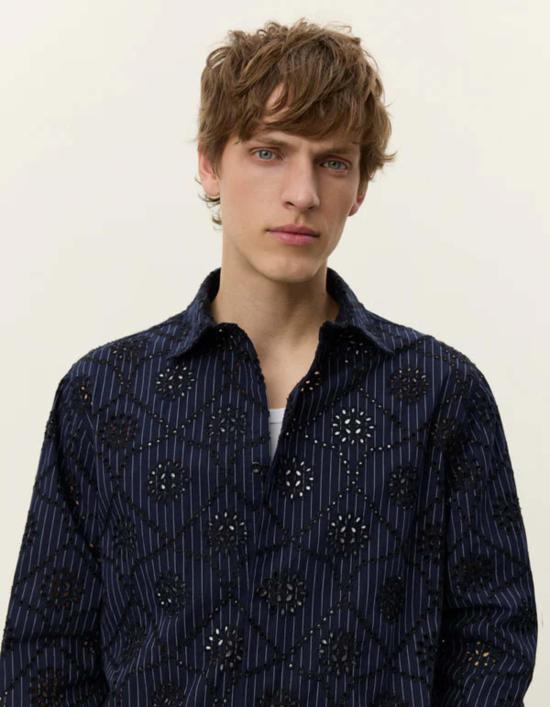  레듀 긴팔 셔츠 Les Deux Kalen Anglaise 스트라이프  다크 네이비 - LES DEUX