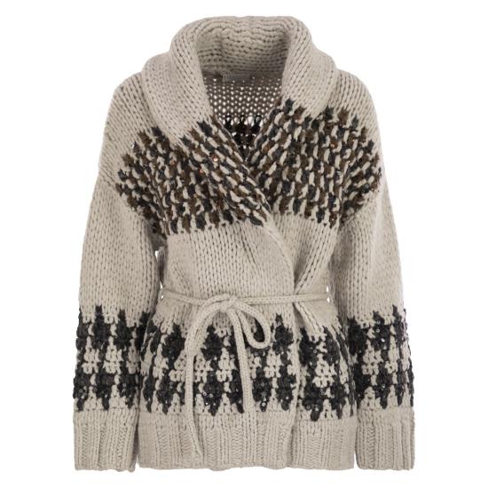 25FW 브루넬로 쿠치넬리 숄 라펠 가디건 M52638506 STONE