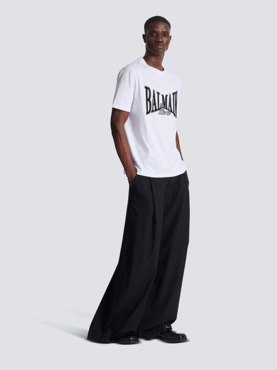 25FW 발망 플록 반소매 티셔츠 FH0EG000BD29 GABGAB BLANC NOIR WHITE - BALMAIN