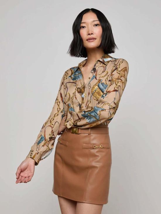  라장스 블라우스 L'agence Nina L/S  다크 카푸치노 멀티 승마 안장 - L'AGENCE