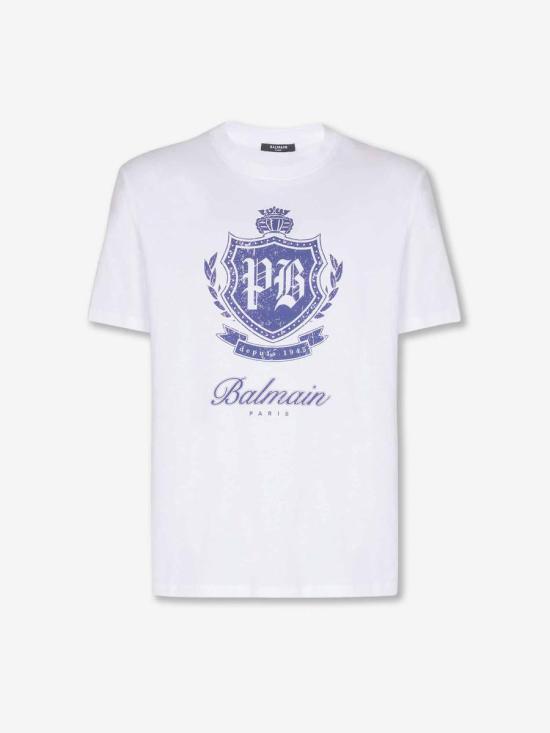 25FW 발망 플록 반소매 티셔츠 FH0EG000GF33 GWXGWX BLANC BLEU WHITE