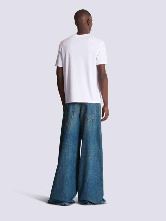 25FW 발망 플록 반소매 티셔츠 FH0EG000GF33 GWXGWX BLANC BLEU WHITE - BALMAIN