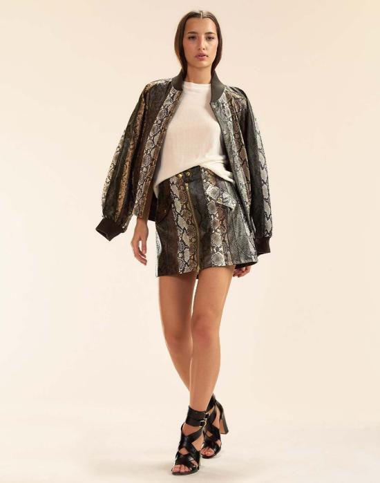  신시아 로리 봄버 자켓 신시아 로울리 스네이크 엠보싱 비건 가죽 봄버 재킷 - CYNTHIA ROWLEY