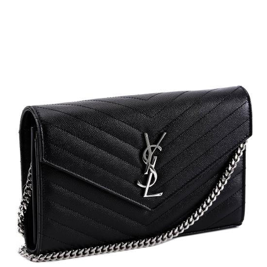 25FW 생로랑 그랑 드 뿌드르 엠보스드 레더 카산드라 마틀라세 체인 지갑 377828 BOW021000 BLACK - SAINT LAURENT