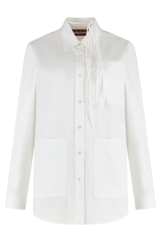 25SS 구찌 넥 스트랩 헤비 코튼 포플린 셔츠 816061Z7ADR 9000 WHITE