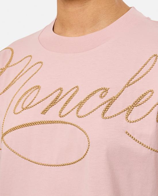 25SS 몽클레어 자수 커시브 로고 코튼 티셔츠 8C0000389AUO529 Pink - MONCLER