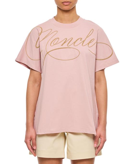 25SS 몽클레어 자수 커시브 로고 코튼 티셔츠 8C0000389AUO529 Pink
