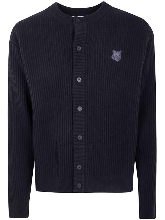 25FW 메종키츠네 폭스 헤드 울 립드 가디건 PM00508KT1149 P199 BLACK - MAISON KITSUNE