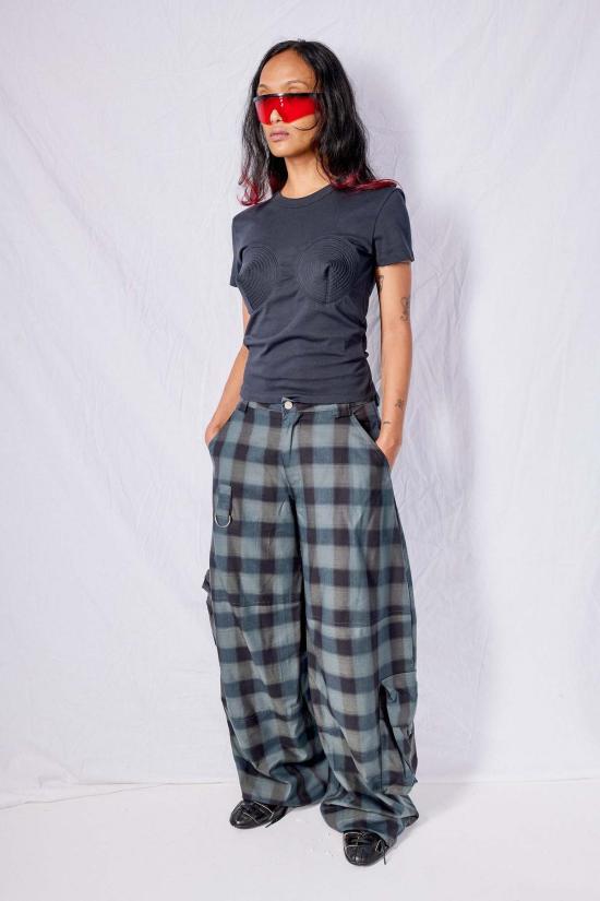  콜리나 스트라다 스트레이트 팬츠 Collina Strada 네이비 체크 무늬 플란넬 론 카고 팬츠 - COLLINA STRADA