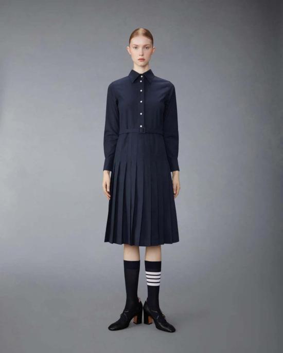  톰브라운 미디 원피스 톰 브라운 무릎 길이 긴팔 플리츠 드레스 네이비 - THOM BROWNE