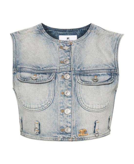  쿠레쥬 데님 자켓 블루 네이비 멀티플렉스 크롭  조끼 - 여성