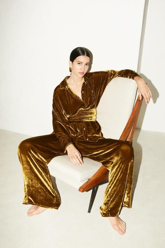  다두라 스트레이트 팬츠 다투라 오로 실크 벨벳 유도 팬츠 골드 그린 - DATURA