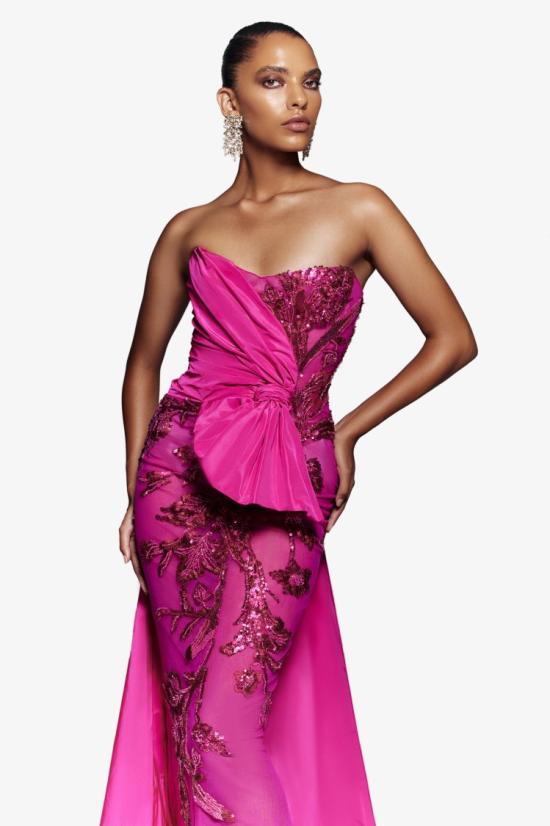  사이드 코베이시 롱 원피스 태피터 드레이핑과 꼬리 장식이 있는 얇은 명주 스트랩리스 비즈 드레스 - SAIID KOBEISY