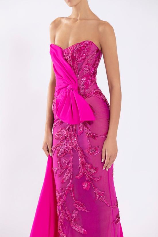  사이드 코베이시 롱 원피스 태피터 드레이핑과 꼬리 장식이 있는 얇은 명주 스트랩리스 비즈 드레스 - SAIID KOBEISY