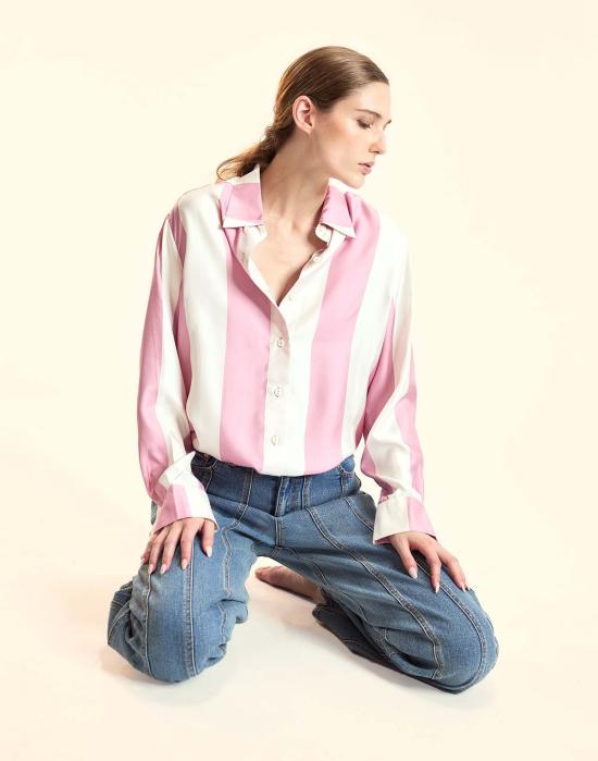  신시아 로리 블라우스 신시아 로울리 컬렉터블 스트라이프 실크 셔츠 Pnkovr - CYNTHIA ROWLEY