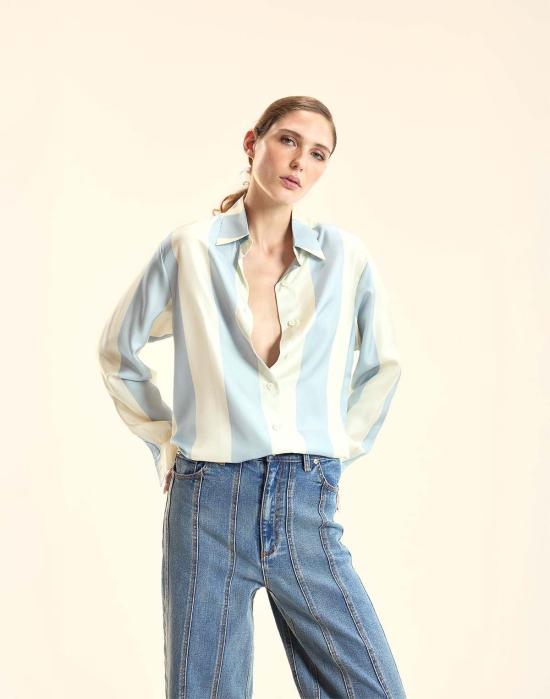  신시아 로리 블라우스 신시아 로울리 컬렉터블 스트라이프 실크 셔츠 블루이비 - CYNTHIA ROWLEY